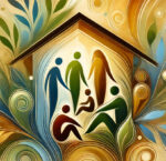 An abstract, uplifting illustration symbolizing emergency shelter and homelessness diversion